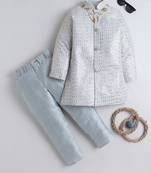 Boys silver grey sequined sherwani & trouser set with necklace
