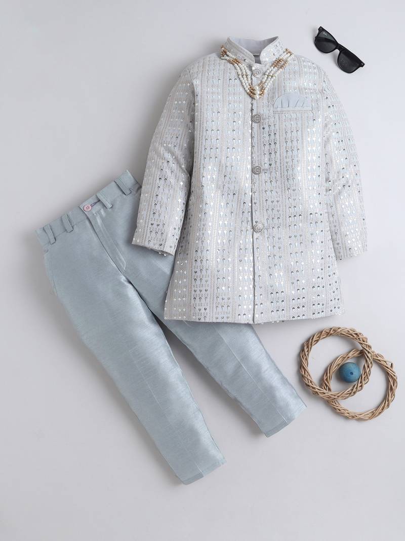 Boys silver grey sequined sherwani & trouser set with necklace