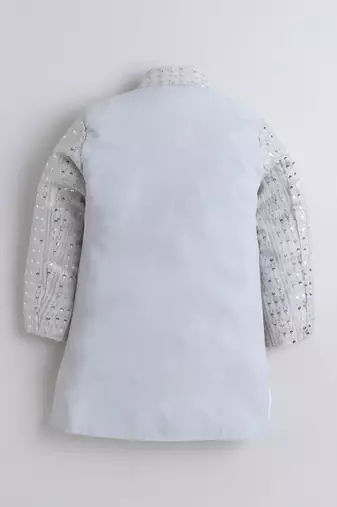 Boys silver grey sequined sherwani & trouser set with necklace