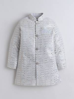 Boys silver grey sequined sherwani & trouser set with necklace 3