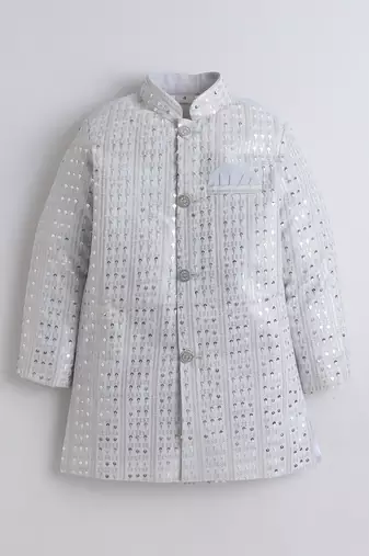 Boys silver grey sequined sherwani & trouser set with necklace