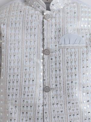 Boys silver grey sequined sherwani & trouser set with necklace 4