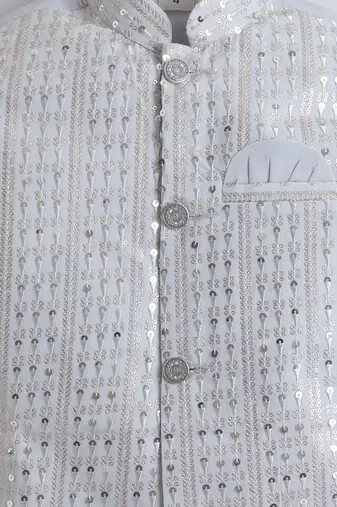 Boys silver grey sequined sherwani & trouser set with necklace