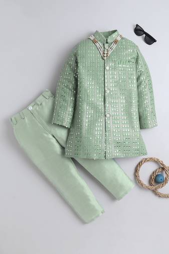 Boys pista green sequined sherwani & trouser set with necklace