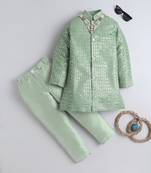 Boys pista green sequined sherwani & trouser set with necklace