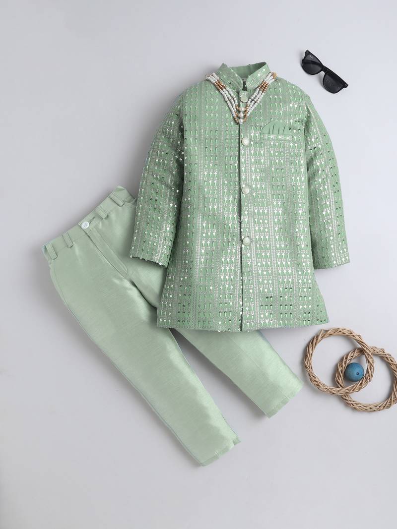 Boys pista green sequined sherwani & trouser set with necklace