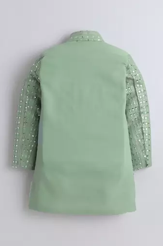 Boys pista green sequined sherwani & trouser set with necklace