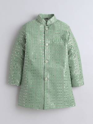 Boys pista green sequined sherwani & trouser set with necklace 3