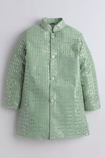 Boys pista green sequined sherwani & trouser set with necklace