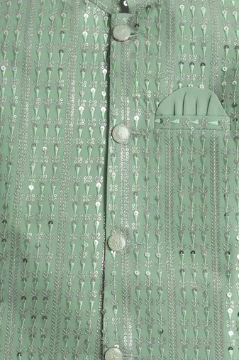 Boys pista green sequined sherwani & trouser set with necklace
