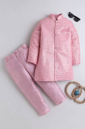 Boys baby pink sequined sherwani & trouser set with necklace