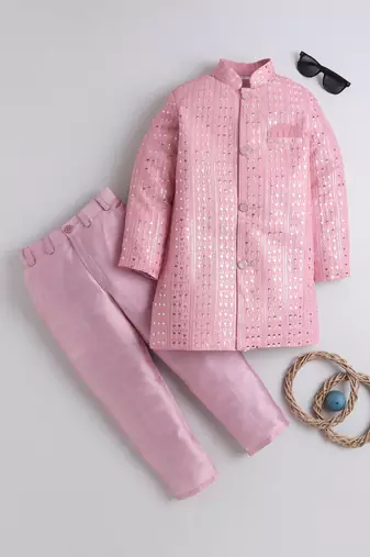 Boys baby pink sequined sherwani & trouser set with necklace