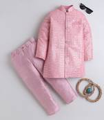 Boys baby pink sequined sherwani & trouser set with necklace