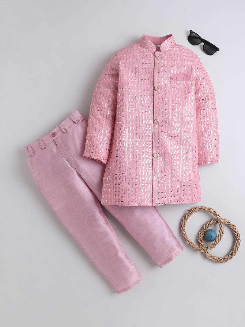 Boys baby pink sequined sherwani & trouser set with necklace