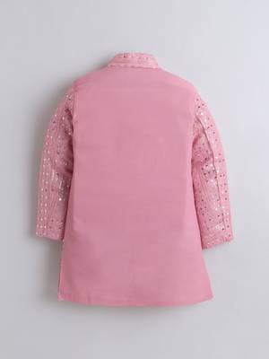 Boys baby pink sequined sherwani & trouser set with necklace 2