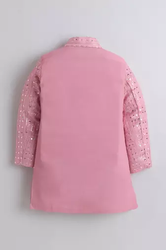 Boys baby pink sequined sherwani & trouser set with necklace