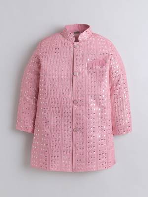 Boys baby pink sequined sherwani & trouser set with necklace 3