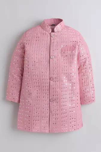 Boys baby pink sequined sherwani & trouser set with necklace
