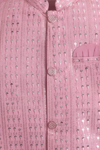 Boys baby pink sequined sherwani & trouser set with necklace