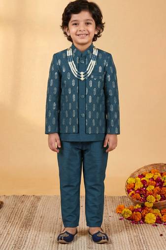 Boys deep teal cotton silk geometric embroidered sherwani set with jacket & necklace