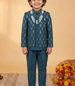 Boys deep teal cotton silk geometric embroidered sherwani set with jacket & necklace