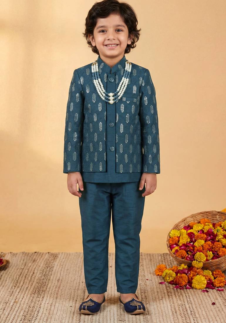 Boys deep teal cotton silk geometric embroidered sherwani set with jacket & necklace