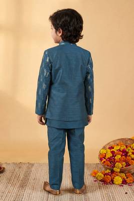 Boys deep teal cotton silk geometric embroidered sherwani set with jacket & necklace 2