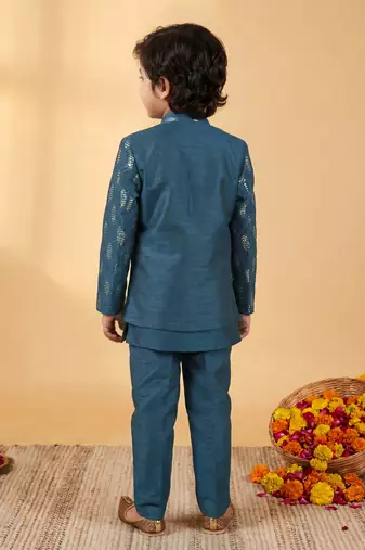 Boys deep teal cotton silk geometric embroidered sherwani set with jacket & necklace