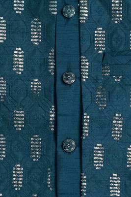 Boys deep teal cotton silk geometric embroidered sherwani set with jacket & necklace 3