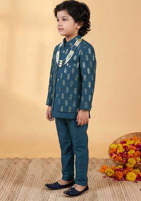 Boys deep teal cotton silk geometric embroidered sherwani set with jacket & necklace 4