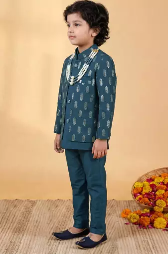 Boys deep teal cotton silk geometric embroidered sherwani set with jacket & necklace