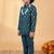 Boys deep teal cotton silk geometric embroidered sherwani set with jacket & necklace