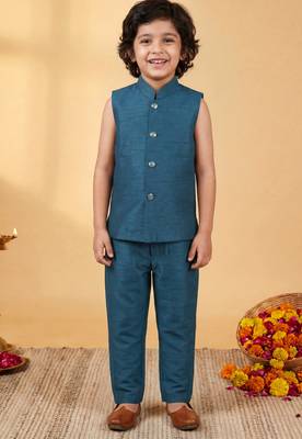 Boys deep teal cotton silk geometric embroidered sherwani set with jacket & necklace 5