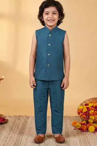 Boys deep teal cotton silk geometric embroidered sherwani set with jacket & necklace