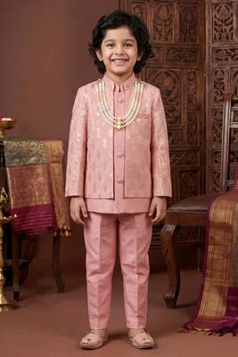 Boys blush pink cotton silk geometric embroidered sherwani set with jacket & necklace 1