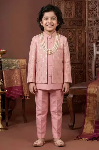 Boys blush pink cotton silk geometric embroidered sherwani set with jacket & necklace