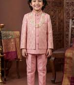 Boys blush pink cotton silk geometric embroidered sherwani set with jacket & necklace