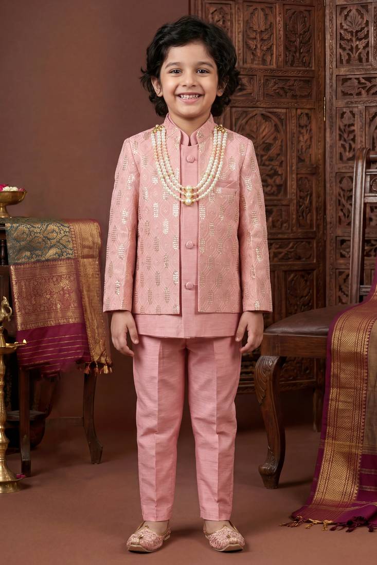Boys blush pink cotton silk geometric embroidered sherwani set with jacket & necklace