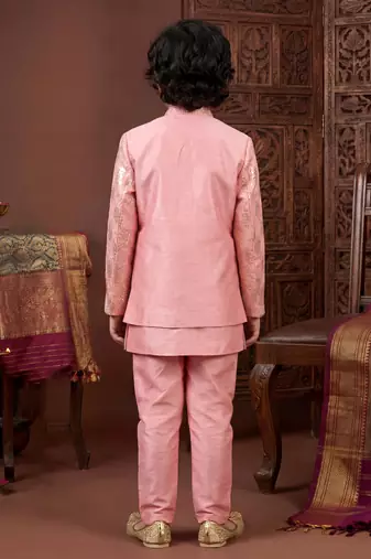 Boys blush pink cotton silk geometric embroidered sherwani set with jacket & necklace