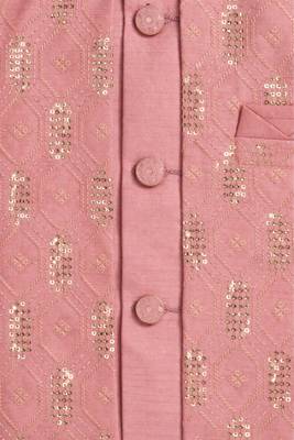 Boys blush pink cotton silk geometric embroidered sherwani set with jacket & necklace 3