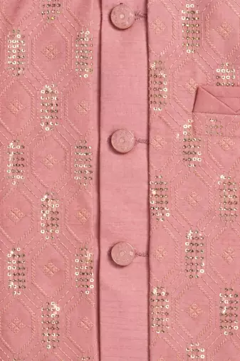 Boys blush pink cotton silk geometric embroidered sherwani set with jacket & necklace