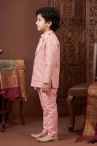 Boys blush pink cotton silk geometric embroidered sherwani set with jacket & necklace