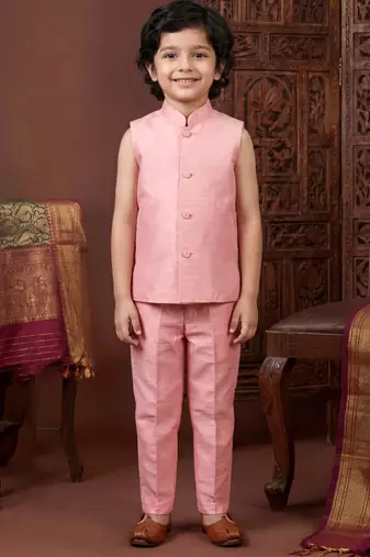 Boys blush pink cotton silk geometric embroidered sherwani set with jacket & necklace