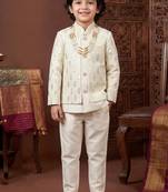 Boys off white cotton silk geometric embroidered sherwani set with jacket & necklace
