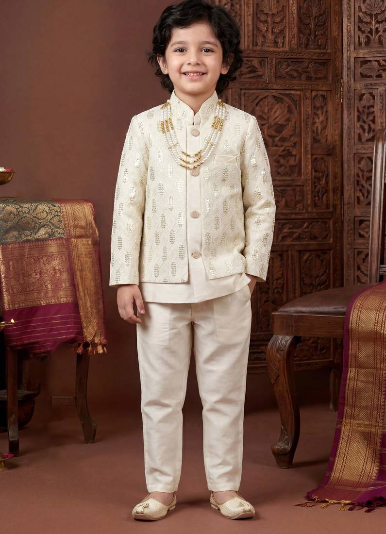 Boys off white cotton silk geometric embroidered sherwani set with jacket & necklace