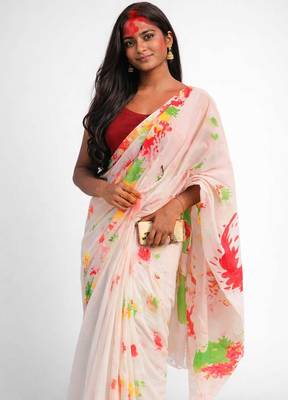 White holi printed khadi unstitched blouse piece elegant traditional saree 1