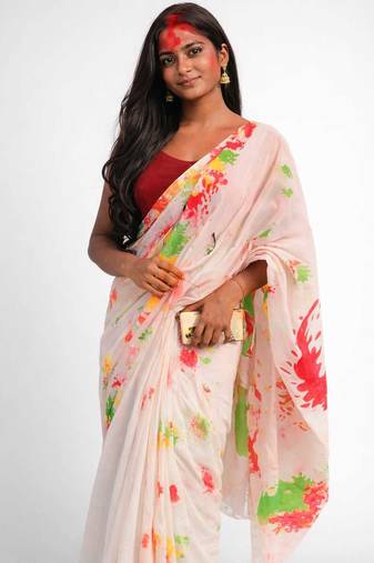 White holi printed khadi unstitched blouse piece elegant traditional saree