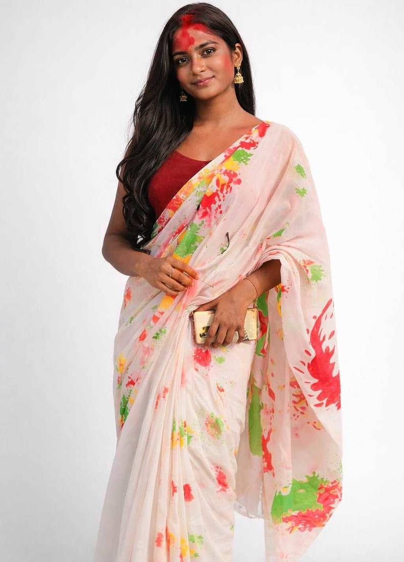 White holi printed khadi unstitched blouse piece elegant traditional saree