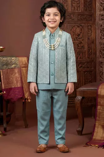 Boys dusty teal satin chevron sequined sherwani set with jacket & necklace