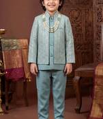 Boys dusty teal satin chevron sequined sherwani set with jacket & necklace